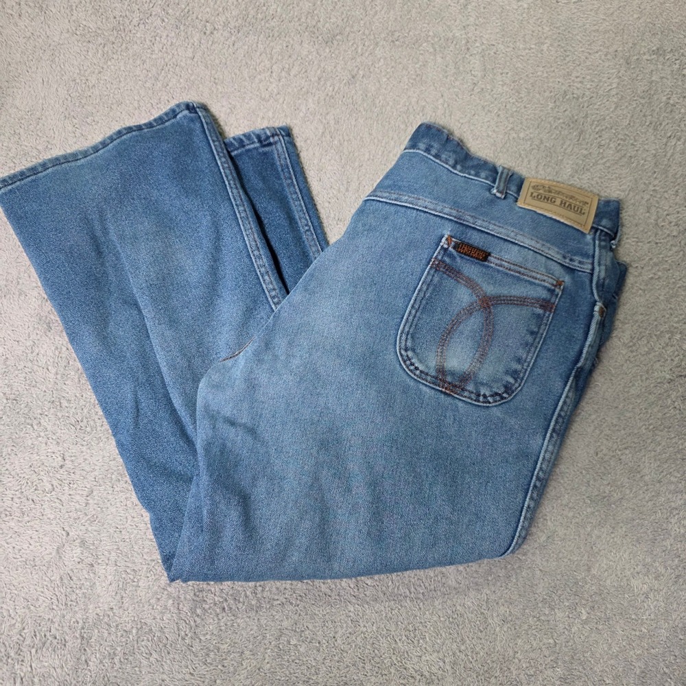 Long Haul Mens 44x28 Vintage Denim Jeans Blue Distressed Workwear Made in USA